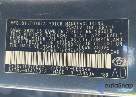 2015 Toyota Corolla S Plus z USA, uszkodzony, nr VIN 2T1BURHE5FC244582